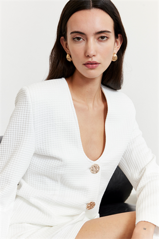 Dokulu Blazer Etek Takım Beyaz