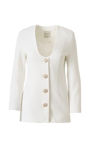 Dokulu Blazer Etek Takım Beyaz