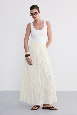 Ekru Beli Lastikli Midi Etek EKRU