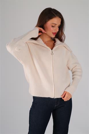 Ekru Kalın Fermuarlı Selanik Hırka EKRU