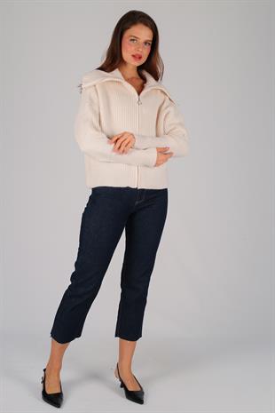 Ekru Kalın Fermuarlı Selanik Hırka EKRU