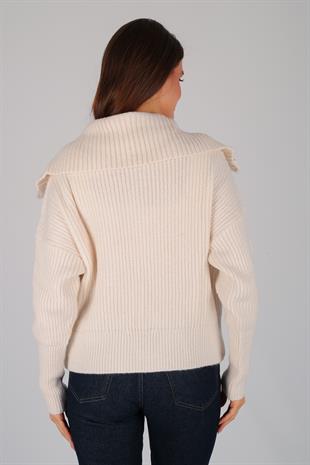 Ekru Kalın Fermuarlı Selanik Hırka EKRU