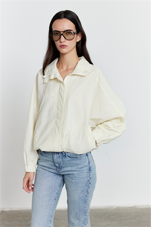 Fermuarlı Oversize Ceket Ekru