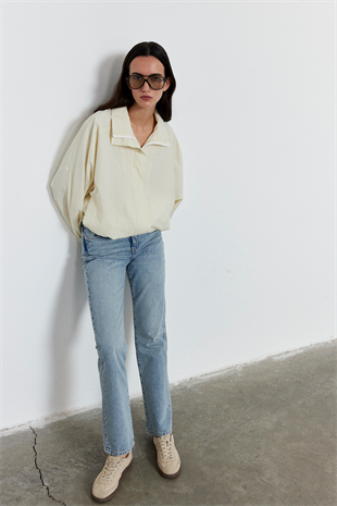 Fermuarlı Oversize Ceket Ekru