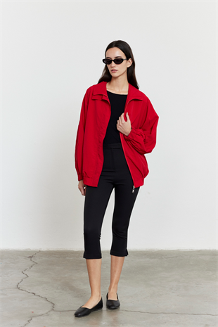 Fermuarlı Oversize Ceket Kırmızı