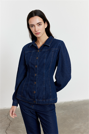 Fitted Kesim Denim Ceket Mavi