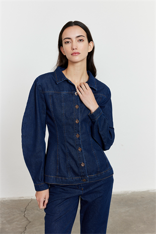 Fitted Kesim Denim Ceket Mavi
