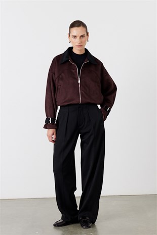 Kadife Yaka Bomber Süet Ceket Bordo