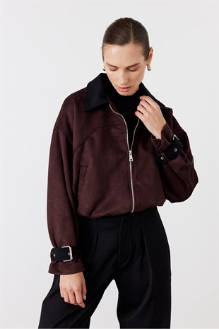 Kadife Yaka Bomber Süet Ceket Bordo