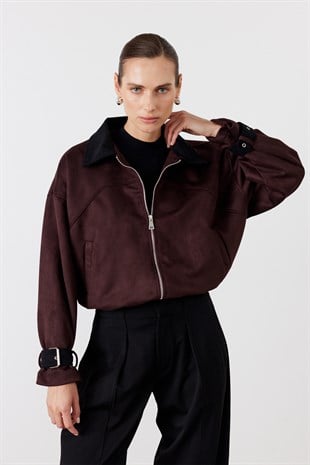 Kadife Yaka Bomber Süet Ceket Bordo