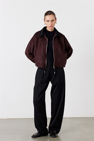 Kadife Yaka Bomber Süet Ceket Bordo
