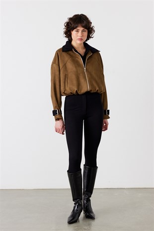 Kadife Yaka Bomber Süet Ceket Haki