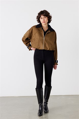 Kadife Yaka Bomber Süet Ceket Haki