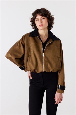 Kadife Yaka Bomber Süet Ceket Haki