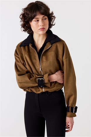 Kadife Yaka Bomber Süet Ceket Haki