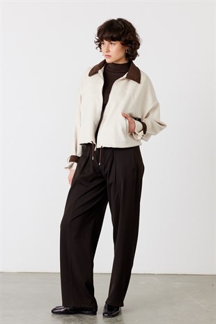 Kadife Yaka Bomber Süet Ceket Taş