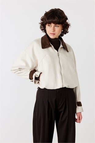 Kadife Yaka Bomber Süet Ceket Taş