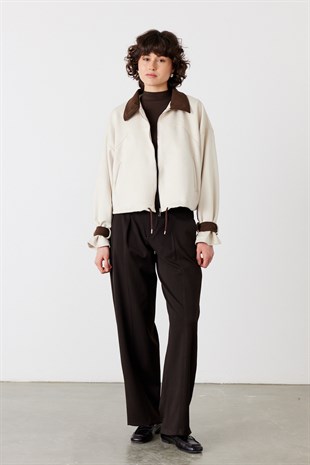 Kadife Yaka Bomber Süet Ceket Taş