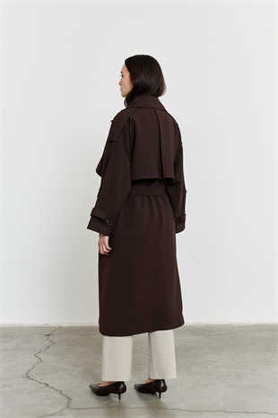 Kol Apoletli Rüzgarlıklı Oversize Trençkot Acı Kahve