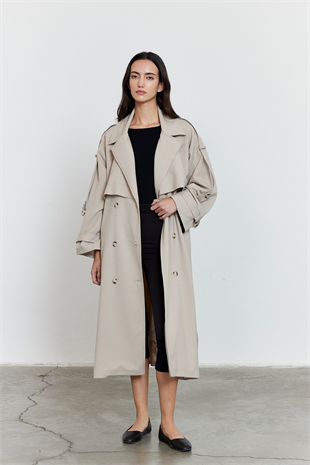 Kol Apoletli Rüzgarlıklı Oversize Trençkot Bej