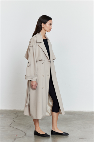 Kol Apoletli Rüzgarlıklı Oversize Trençkot Bej