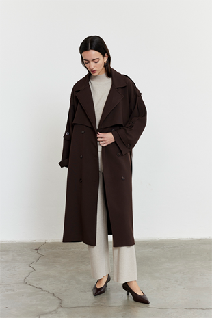 Kol Apoletli Rüzgarlıklı Oversize Trençkot Acı Kahve