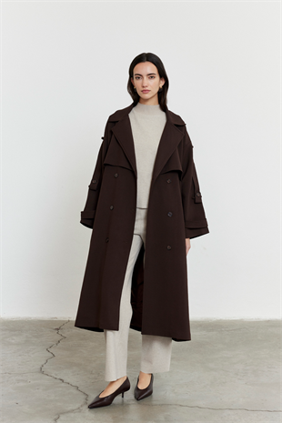 Kol Apoletli Rüzgarlıklı Oversize Trençkot Acı Kahve