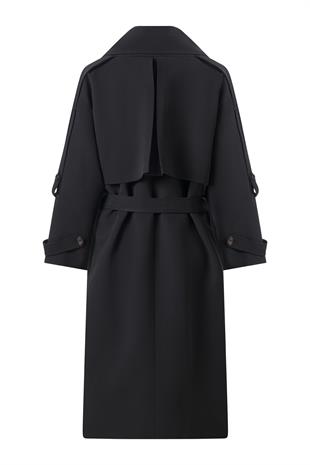 Kol Apoletli Rüzgarlıklı Oversize Trençkot Siyah