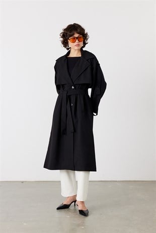 Kol Apoletli Rüzgarlıklı Oversize Trençkot Siyah