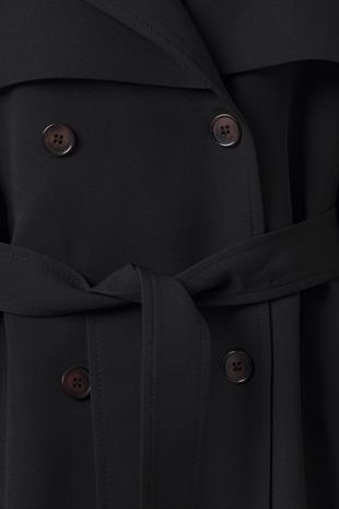Kol Apoletli Rüzgarlıklı Oversize Trençkot Siyah