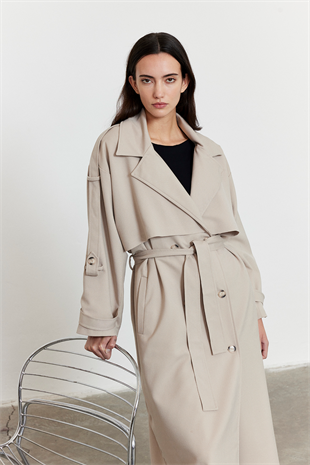Kol Apoletli Rüzgarlıklı Oversize Trençkot Bej