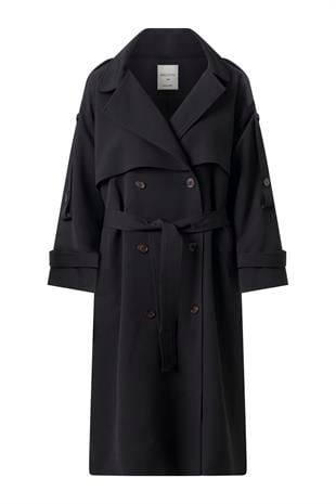 Kol Apoletli Rüzgarlıklı Oversize Trençkot Siyah