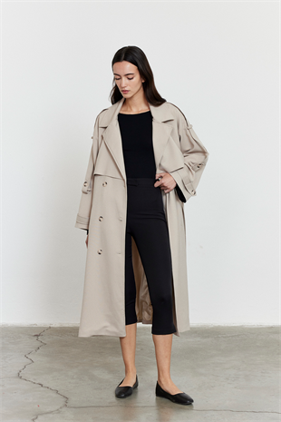 Kol Apoletli Rüzgarlıklı Oversize Trençkot Bej