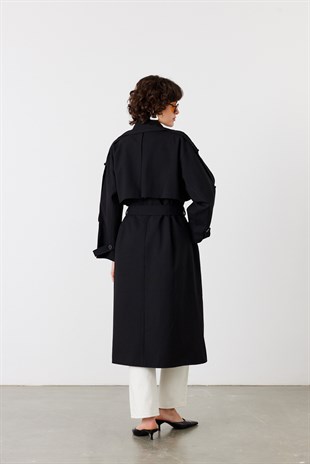 Kol Apoletli Rüzgarlıklı Oversize Trençkot Siyah