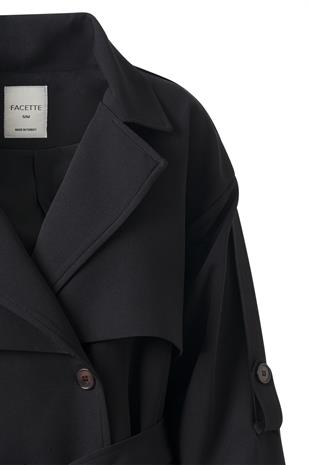 Kol Apoletli Rüzgarlıklı Oversize Trençkot Siyah