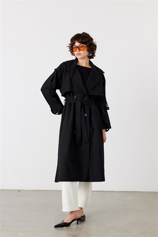 Kol Apoletli Rüzgarlıklı Oversize Trençkot Siyah