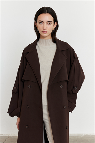 Kol Apoletli Rüzgarlıklı Oversize Trençkot Acı Kahve