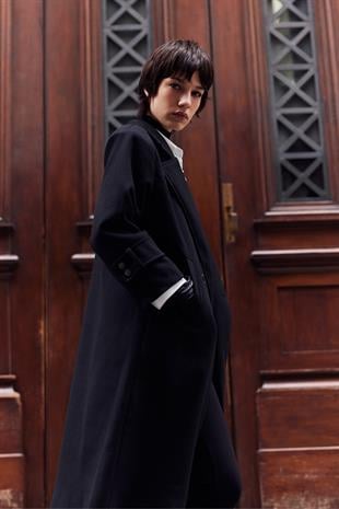 Linea Apoletli Uzun Kaşe Kaban Siyah