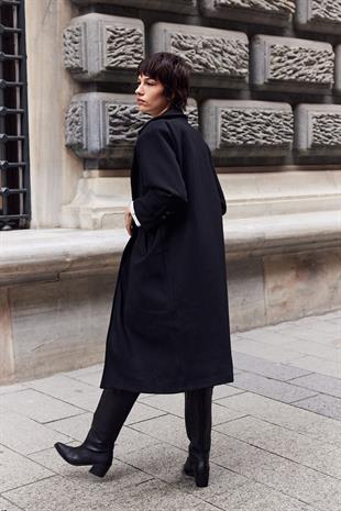 Linea Apoletli Uzun Kaşe Kaban Siyah