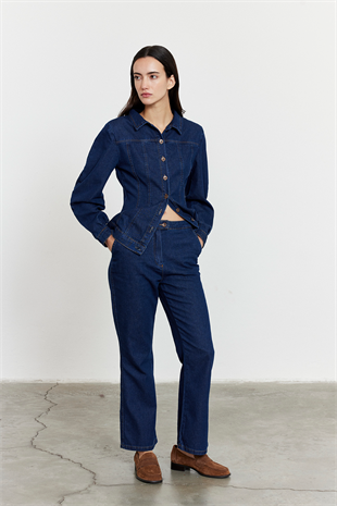 Yüksek Bel Kısa Kesim Çan Paça Jean Mavi