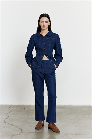 Yüksek Bel Kısa Kesim Çan Paça Jean Mavi