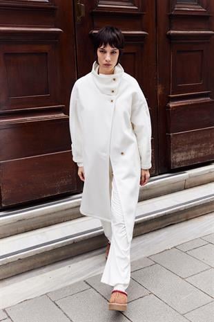 Mirelle Dik Yaka Kaşe Kaban Ekru