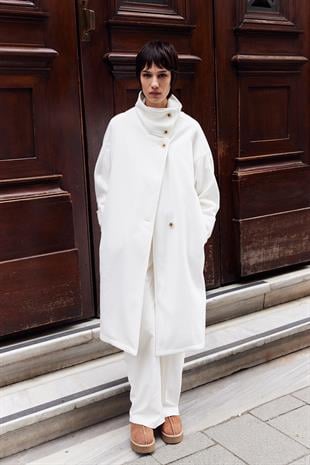 Mirelle Dik Yaka Kaşe Kaban Ekru