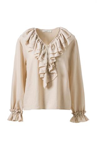 Önden Bağlamalı Fırfırlı Bluz Ekru