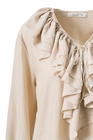 Önden Bağlamalı Fırfırlı Bluz Ekru