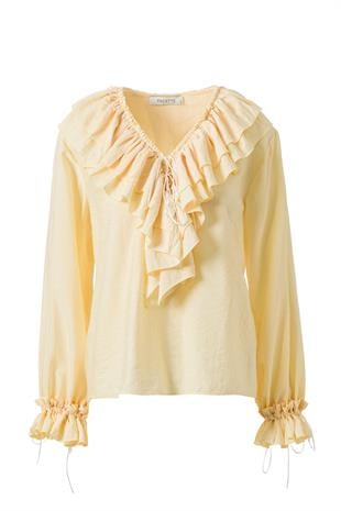 Önden Bağlamalı Fırfırlı Bluz Sarı