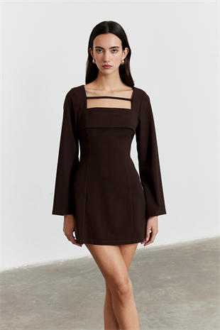 Önü Biye Detay Mini Elbise Acı Kahve