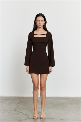 Önü Biye Detay Mini Elbise Acı Kahve