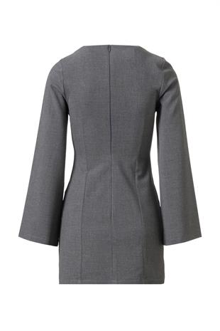 Önü Biye Detay Mini Elbise Gri