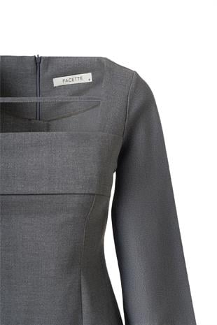 Önü Biye Detay Mini Elbise Gri